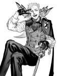  1boy ascot cane cape commentary_request fate/grand_order fate_(series) gloves greyscale highres holding holding_cane james_moriarty_(archer)_(fate) male_focus mikusansei monochrome old old_man open_mouth pinstripe_pattern sitting smile striped v vest wrinkled_skin 