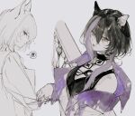  1girl animal_ears annoyed black_dress black_hair breasts cat_ears cleavage closed_mouth dress from_side grey_background grey_hair grey_jacket hair_between_eyes highres jacket long_hair looking_at_viewer moaomao_mo multicolored_hair multiple_views parted_lips path_to_nowhere purple_jacket red_eyes sidelocks simple_background sleeveless sleeveless_dress streaked_hair two-tone_hair uni_(path_to_nowhere) upper_body 