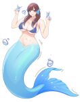  1girl absurdres bikini blue_bikini blush breasts brown_eyes brown_hair bubble cleavage collarbone double_v fins full_body groin head_fins highres kiria_ai large_breasts long_hair looking_at_viewer mermaid monster_girl navel original simple_background smile solo swimsuit v white_background 