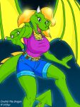  anthro badgerben belt blonde_hair blue_eyes breasts clothing crystal_(badgerben) dragon female green_body green_scales hair horn jeans_shorts looking_at_viewer non-mammal_breasts open_mouth purple_clothing scales simple_background solo yellow_body yellow_scales 
