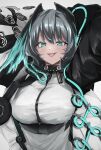  1girl arknights arms_behind_head between_breasts black_feathers black_wings blue_eyes blue_feathers blue_wings blush breasts fangs feathers grey_hair hair_between_eyes head_wings highres ho&#039;olheyak_(arknights) infection_monitor_(arknights) konami_nori large_breasts long_hair long_sleeves looking_at_viewer simple_background skin_fangs solo strap_between_breasts tongue tongue_out two-tone_wings white_background wings 