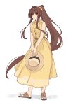  1girl alternate_costume blush brown_eyes brown_hair closed_mouth dress flower full_body hair_flower hair_ornament hair_ribbon hat highres holding holding_clothes holding_hat kantai_collection kasumi_(skchkko) long_hair looking_at_viewer ponytail red_flower ribbon sandals sidelocks simple_background sleeveless sleeveless_dress solo standing very_long_hair white_background yamato_(kancolle) yellow_dress 