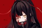  1girl black_hair black_jacket blood blood_on_clothes blood_on_face covered_mouth hair_ribbon high_ponytail highres jacket library_of_ruina long_hair one_eye_closed project_moon red_background red_ribbon ribbon sidelocks simple_background solo sweat tenma_(library_of_ruina) very_long_hair y_o_u_k_a yellow_eyes 