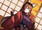  absurdres amagi_(azur_lane) animal_ear_fluff animal_ears azur_lane cotton_swab fox_ears fox_girl fox_tail hand_on_own_face hands_up highres hikimayu holding_cotton_swab indoors japanese_clothes kimono kitsune long_hair long_sleeves looking_at_viewer parted_bangs parted_lips purple_eyes purple_kimono rakuza_(ziware30) red_eyeliner red_kimono tail wide_sleeves 