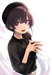  1girl 5saiji beret black_headwear blush brown_hair hair_between_eyes hat long_sleeves looking_at_viewer open_mouth original petals purple_eyes short_hair signature simple_background solo steepled_fingers upper_body 