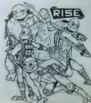  2023 absurd_res action_pose anthro clothed clothing grin group hi_res holding_object holding_sword holding_weapon inktober inktober_2023 looking_at_viewer melee_weapon pose reptile scalie smile sword teenage_mutant_ninja_turtles theblueberrycarrots traditional_media_(artwork) turtle weapon 