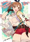  1girl atelier_(series) atelier_ryza atelier_ryza_1 blush breasts brown_eyes brown_hair cleavage hair_ornament hairclip hat highres jewelry large_breasts looking_at_viewer necklace noco_(adamas) official_art open_mouth red_shorts reisalin_stout short_hair short_shorts shorts smile solo star_(symbol) star_necklace thick_thighs thighhighs thighs white_headwear 