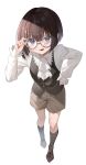  1other adjusting_eyewear ascot black_eyes brown_footwear brown_hair brown_shorts commentary_request fay_(jinrou_judgment) glasses hand_on_own_hip highres jinrou_judgment kneehighs open_mouth piyopoyo round_eyewear shirt short_hair shorts socks solo waistcoat white_ascot white_shirt 