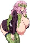  1girl arm_support bent_over blush braid breasts buttons center_opening demon_slayer_uniform finger_to_mouth from_side green_eyes green_hair green_thighhighs grey_background hand_up hanging_breasts haori highres huge_breasts index_finger_raised japanese_clothes kanroji_mitsuri kimetsu_no_yaiba komusou_(jinrikisha) large_areolae long_hair long_sleeves microskirt mole mole_under_eye multicolored_hair multiple_braids one_breast_out outstretched_arm parted_lips partially_unbuttoned pink_hair ribbed_thighhighs simple_background skirt solo standing thighhighs tri_braids two-tone_hair unaligned_breasts very_long_hair wardrobe_malfunction zettai_ryouiki 