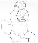  2023 anthro ball belly big_belly canid canine clothing eyes_closed fox hi_res iyo_(tamacolle) kemono male mammal moobs navel nipples overweight overweight_male s_ouo simple_background sketch solo swimwear tamacolle 
