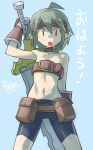  1girl ahoge arm_up belt_bra bike_shorts disgaea female_warrior_(disgaea) flat_chest gloves green_eyes green_hair headband highres looking_at_viewer navel open_mouth oyster_(artist) pointy_ears short_hair simple_background solo sword weapon 