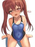  1girl black_one-piece_swimsuit blue_one-piece_swimsuit blush breasts brown_eyes brown_hair competition_swimsuit covered_navel dark-skinned_female dark_skin dated fang hair_between_eyes highres kantai_collection libeccio_(kancolle) long_hair looking_at_viewer montemasa multicolored_clothes multicolored_swimsuit one-hour_drawing_challenge one-piece_swimsuit open_mouth sitting small_breasts smile solo swimsuit twintails twitter_username two-tone_swimsuit wariza white_background 