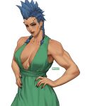  1girl artist_name black_nails blue_hair braid breasts breikka cleavage dress earrings forehead_stud green_dress hands_on_own_hips jewelry junker_queen_(overwatch) mohawk muscular muscular_female overwatch overwatch_2 piercing red_eyes 