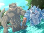  abs anthro argo_(knights_college) balls biceps blue_body blue_fur blush canid canine canis casual_erection casual_nudity detailed_background duo erection felid fur genitals hand_on_penis hi_res humanoid_genitalia humanoid_hands humanoid_penis lake looking_at_genitalia looking_at_penis male male/male mammal multicolored_body multicolored_fur muscular muscular_anthro muscular_male nature navel nipples nude outdoor_nudity outside pantherine pecs penis skinny_dipping standing theo_(knights_college) triceps two_tone_body two_tone_fur water weedwolf weedwolfeatmeat wolf 