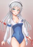  1girl alternate_costume anti_(untea9) beret blue_eyes blush breasts brown_background covered_navel gradient_background grey_hair hat high_school_fleet highres jacket javelin_(kancolle) kantai_collection lance_of_longinus_(evangelion) long_hair looking_at_viewer medium_breasts multicolored_clothes multicolored_swimsuit neon_genesis_evangelion new_school_swimsuit one-piece_swimsuit sailor_hat school_swimsuit smile solo sweatdrop swimsuit white_headwear white_jacket 