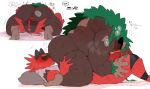  2023 69_position anthro ape bed bedding big_butt big_pecs blush blush_lines brown_body butt butt_grab digital_media_(artwork) duo felid furniture generation_7_pokemon generation_8_pokemon genitals gorilla hand_on_butt hands_on_legs hands_on_thighs haplorhine hi_res huge_butt hyaku_(artist) incineroar japanese_text leaf leaf_hair male male/male male_on_bottom male_on_top male_rimming_male mammal muscular muscular_male narrowed_eyes nintendo nude on_bottom on_top oral pantherine pecs penis pillow plant plant_hair pokemon pokemon_(species) primate pseudo_hair rear_view red_body rillaboom sex sucking_penis text tiger 