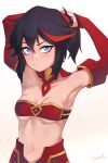  1girl black_hair blue_eyes blush breasts commentary cosplay darahan detached_sleeves english_commentary fate/apocrypha fate_(series) gradient_background hair_ornament hair_scrunchie kill_la_kill looking_at_viewer matoi_ryuuko mordred_(fate) mordred_(fate/apocrypha) mordred_(fate/apocrypha)_(cosplay) navel pout red_hair red_scrunchie scrunchie short_hair short_ponytail sidelocks signature small_breasts solo upper_body white_background 