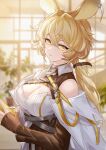  1girl animal_ears arknights backlighting bare_shoulders blonde_hair blurry blurry_background breasts cleavage cleavage_cutout clothing_cutout depth_of_field dorothy_(arknights) gloves hair_intakes highres kachi large_breasts long_hair long_sleeves looking_at_viewer low_ponytail mouse_ears no_headwear own_hands_together parted_lips single_glove solo teeth underbust upper_teeth_only yellow_eyes yellow_gloves 
