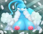  altaria anthro avian beak big_breasts bird blue_body breasts clothing digital_drawing_(artwork) digital_media_(artwork) fawe feathers female generation_3_pokemon hi_res looking_at_viewer nintendo nipples pokemon pokemon_(species) shaded signature simple_background solo video_games 