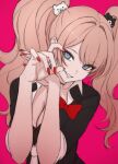  1girl aroma_da33 bear_hair_ornament black_shirt bow breasts cleavage danganronpa:_trigger_happy_havoc danganronpa_(series) enoshima_junko grey_eyes grin hair_ornament hands_up highres large_breasts long_hair necktie pink_background red_bow red_nails shirt short_sleeves simple_background smile solo teeth twintails upper_body white_necktie white_shirt 