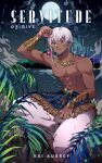  1boy abs arabian_clothes armor bare_pectorals barefoot blue_eyes cityscape cloud commentary commission cover cover_page dark-skinned_male dark_skin english_commentary english_text foot_out_of_frame fringe_trim full_moon gem gold_armor gold_necklace greaves hen-tie highres holding holding_jewelry holding_necklace jewelry looking_at_viewer male_focus moon muscular muscular_male necklace night night_sky nipples novel_cover ocean original outdoors palm_leaf pants parted_lips pectorals puffy_pants red_gemstone short_hair_with_long_locks single_sidelock sitting sky smile smoke solo topless_male white_hair white_pants 
