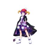  1girl :3 adapted_costume asymmetrical_hair black_coat cabbie_hat coat controller doreking doremy_sweet doremy_sweet_(kaiju_of_dreams_and_mysteries) dress full_body game_cg half-closed_eyes hat heart heart_necklace highres jewelry looking_at_viewer multicolored_clothes multicolored_dress necklace open_clothes open_coat pom_pom_(clothes) purple_dress purple_eyes purple_hair red_headwear remote_control rotte_(1109) simple_background solo tail tapir_tail third-party_source touhou touhou_lost_word turtleneck white_background white_dress white_footwear yellow_horns 