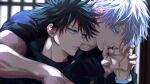  2boys absurdres arm_around_shoulder black_hair black_jacket black_shirt blue_eyes blurry blurry_background buttons commentary_request double-breasted eyelashes fushiguro_megumi gojou_satoru green_eyes hair_between_eyes hand_up highres holding_hands jacket jujutsu_kaisen light_particles long_sleeves looking_at_another male_focus multiple_boys parted_lips scallopojisan shirt short_hair short_sleeves sideways_glance smile spiked_hair teeth upper_body white_hair window yaoi 