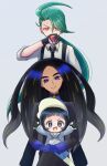  3girls ahoge arched_bangs black_gloves black_hair black_jacket black_necktie blue_eyes blue_shirt bright_pupils closed_mouth collared_shirt commentary_request eyelashes geeta_(pokemon) gloves green_hair grey_background grey_headwear hand_up holding holding_poke_ball jacket long_hair looking_at_viewer multiple_girls natadepopo necktie poke_ball poke_ball_(basic) pokemon pokemon_(game) pokemon_sv ponytail poppy_(pokemon) rika_(pokemon) shirt smile spread_fingers suspenders visor_cap white_pupils 