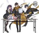  &gt;_&lt; 2boys 2girls absurdres ahoge animal animal_ears antenna_hair black_coat black_footwear black_hair black_pants black_shorts black_skirt black_sweater blue_hair blue_ribbon book braid breasts broom broom_riding brown_hair brown_thighhighs closed_eyes closed_mouth coat collared_shirt crossover desk english_commentary eyeshadow flying food fox fox_ears fox_tail full_body genshin_impact gradient_hair hand_up harry_potter_(series) highres hogwarts_school_uniform holding holding_food holding_paper hufflepuff ink_bottle lips long_hair long_sleeves looking_at_another makeup medium_breasts mole mole_under_eye multicolored_hair multiple_boys multiple_girls necktie no_headwear open_clothes open_coat open_mouth orange_hair pants paper pink_eyes pink_fur pleated_skirt pnk_crow ponytail purple_hair quill raiden_shogun red_eyeshadow ribbon scarf school_uniform shirt shoes short_hair shorts simple_background sitting skirt smile standing sweat sweatdrop sweater tail teeth thighhighs twin_braids two-sided_coat v-shaped_eyebrows venti_(genshin_impact) white_background white_shirt wide_sleeves wizarding_world yae_miko yae_miko_(fox) yellow_coat yellow_necktie yellow_scarf zhongli_(genshin_impact) 