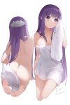  1girl absurdres ass barefoot blunt_bangs breasts character_name cleavage closed_mouth collarbone cropped_legs dated fern_(sousou_no_frieren) from_behind frown highres large_breasts long_hair looking_at_viewer naked_towel nude purple_eyes purple_hair shoulder_blades simple_background soles solo sousou_no_frieren towel very_long_hair white_background yimiao 