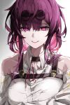  1girl absurdres bare_shoulders breasts chest_harness clothing_cutout collarbone collared_shirt earrings eyewear_on_head grin hair_between_eyes harness highres honkai:_star_rail honkai_(series) jewelry kafka_(honkai:_star_rail) long_bangs looking_at_viewer medium_breasts parted_lips purple_eyes purple_hair round_eyewear shadow shirt shoulder_cutout sidelocks simple_background smile solo sstthei straight-on sunglasses teeth upper_body white_background white_shirt 