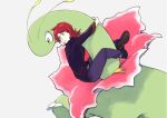  1boy black_jacket closed_mouth commentary_request cowlick hanging jacket long_hair looking_back male_focus meganium monji_samonji pants pokemon pokemon_(creature) pokemon_(game) pokemon_hgss purple_pants red_hair shoes silver_(pokemon) simple_background white_background yellow_eyes 