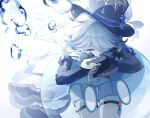  1girl ascot asymmetrical_gloves black_gloves blue_ascot blue_brooch blue_eyes blue_hair blue_headwear blue_jacket cowboy_shot crying crying_with_eyes_open from_side furina_(genshin_impact) genshin_impact gloves hair_between_eyes hair_over_one_eye haru_same322 hat highres jacket light_blue_hair long_hair lue_eyes mismatched_gloves multicolored_hair shorts sidelocks simple_background smile solo streaked_hair teardrop tears top_hat two-tone_hair white_background white_gloves white_shorts 