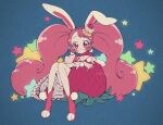  1girl :3 aji_fry animal_ears blush bow cake_hair_ornament commentary_request cure_whip earrings food food-themed_hair_ornament fruit gloves hair_ornament highres holding holding_food jewelry kirakira_precure_a_la_mode long_hair magical_girl pink_hair pom_pom_(clothes) pom_pom_earrings precure smile solo star_(symbol) strawberry strawberry_hair_ornament twintails twitter_username usami_ichika 
