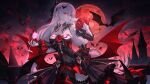  1girl armpits bare_shoulders bat_(animal) bat_wings black_dress castle cup detached_sleeves dress drinking_glass earrings finger_to_mouth highres honkai_(series) honkai_impact_3rd jewelry long_hair looking_at_viewer luna_(honkai_impact) moon neon_(pixiv_31150749) overskirt parted_lips red_eyes red_moon red_theme sky solo star_(sky) starry_sky theresa_apocalypse theresa_apocalypse_(lunar_vow:_crimson_love) vampire very_long_hair white_hair wine_glass wings 