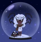  1boy arms_up blank_eyes blue_background bug chibi closed_eyes don&#039;t_starve facing_viewer fangs full_body furry furry_male highres in_container male_focus michon monster_boy official_alternate_costume official_alternate_hair_color open_mouth pants plaid plaid_pants plaid_scarf scarf shirt snow snow_globe snow_on_head snowflakes snowing spider spider_boy standing webber_(don&#039;t_starve) white_shirt 