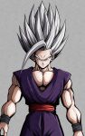  1boy act_(act_1113) biceps black_outline black_wristband closed_mouth commentary_request dougi dragon_ball dragon_ball_super dragon_ball_super_super_hero frown gohan_beast grey_background grey_hair highres looking_at_viewer male_focus muscular muscular_male outline pants pectorals purple_pants red_eyes red_sash sash serious simple_background solo son_gohan spiked_hair v-shaped_eyebrows wristband 