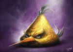  2010 angry angry_birds artist_name avian beak bird bodily_fluids chuck_(angry_birds) crying feathers feral frown frown_eyebrows half-closed_eyes narrowed_eyes orange_beak purple_background realistic sam_spratt signature simple_background tears yellow_body yellow_feathers 