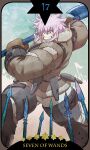  1girl armor axe brown_coat brown_eyes brown_mittens coat flag fur_trim grin hair_over_one_eye highres holding holding_axe iwaya knee_pads looking_at_viewer mittens outdoors pink_hair pixiv_fantasia pixiv_fantasia_last_saga polearm smile solo spear standing star_(symbol) tarot_(card) thick_thighs thighs twisted_torso ulferica_(pixiv_fantasia_last_saga) weapon 