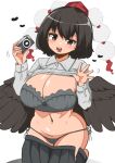  1girl absurdres bird_wings black_hair black_skirt black_wings bra breasts brown_eyes camera cleavage collared_shirt commentary_request curvy grey_bra grey_panties grey_shirt hat heart highres himajin_noizu holding holding_camera large_breasts looking_at_viewer navel open_mouth panties pom_pom_(clothes) red_hair red_headwear shameimaru_aya shirt short_hair side-tie_panties simple_background skirt skirt_around_ankles solo teeth tokin_hat touhou underwear upper_teeth_only white_background wings 