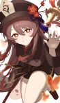  1girl absurdres bright_pupils brown_coat brown_eyes brown_hair brown_shorts coat flower flower-shaped_pupils genshin_impact grin hair_between_eyes hat hat_flower hat_tassel highres holding holding_polearm holding_weapon hu_tao_(genshin_impact) iwashi_111 light_blush long_hair long_sleeves looking_at_viewer polearm red_nails shorts simple_background smile solo staff_of_homa_(genshin_impact) symbol-shaped_pupils twintails weapon white_background white_pupils 