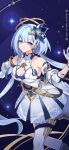  1girl armpit_crease blue_background blue_hair blue_headwear blue_theme breasts chinese_commentary cleavage_cutout clothing_cutout dress earrings gloves griseo griseo_(cosmic_expression) halo highres holding honkai_(series) honkai_impact_3rd jewelry large_breasts light_blue_hair long_hair looking_at_viewer official_art official_wallpaper open_hand purple_eyes solo star_(sky) twintails upper_body weapon white_dress white_gloves white_sleeves 
