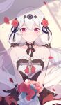  1girl absurdres bare_shoulders black_dress bouquet chinese_commentary closed_mouth commentary dress flower hair_between_eyes hair_flower hair_ornament highres holding holding_bouquet honkai_(series) honkai_impact_3rd long_hair looking_at_viewer luna_(honkai_impact) petals red_eyes red_flower red_rose rose simple_background sleeveless sleeveless_dress smile solo strapless strapless_dress theresa_apocalypse theresa_apocalypse_(luna_kindred) tongling twintails wedding_dress white_background white_hair 