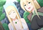  2girls :d blonde_hair blush breasts closed_eyes closed_mouth commentary covered_nipples elena_(hall_onon) elf green_eyes hall_onon jewelry large_breasts long_hair looking_at_viewer maria_(hall_onon) multiple_girls necklace original outdoors pointy_ears smile tree water waterfall 