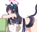  1girl absurdres animal_ear_fluff animal_ears armpits arona&#039;s_sensei_doodle_(blue_archive) black_hair black_shirt blue_archive breasts cat_ears cat_tail covered_nipples crop_top crossed_arms extra_ears game_controller_print hair_ribbon halo hanging_breasts highres leaning_forward long_hair microskirt pleated_skirt red_eyes ribbon sawkm sensei_(blue_archive) serika_(blue_archive) shirt skirt sweat tail twintails 