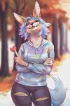  2023 2:3 anthro blue_hair blurred_background bottomwear canid cheek_tuft clothed clothing dated eyewear facial_tuft fangs female front_view glasses green_eyes hair hi_res hoodie looking_at_viewer lostgoose mammal outside pants round_glasses signature solo standing teeth topwear tuft wearing_glasses 