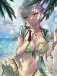  1girl armlet bangs bare_shoulders beach bikini blue_sky blush bracelet braid braided_ponytail breasts cleavage collarbone earrings fate/grand_order fate_(series) flower frills green_bikini green_vest hair_flower hair_ornament hair_ribbon highres hood hooded_vest hoodie index_finger_raised jewelry kama_(fate) kama_(swimsuit_avenger)_(fate) kama_(swimsuit_avenger)_(second_ascension)_(fate) large_breasts long_hair looking_at_viewer lotus navel necklace pendant red_eyes ribbon shore sky solo swimsuit vest white_hair yokaranu_yuuna 