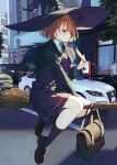  1girl aqua_necktie bag between_legs black_footwear blush broom broom_riding brown_hair building buttons car collared_shirt commentary_request cropped_jacket double-breasted eating feet_up food from_side full_body green_jacket hair_between_eyes hand_between_legs hat holding holding_food jacket kamizaki_hibana large_hat loafers long_bangs long_sleeves looking_ahead motor_vehicle necktie one_eye_closed original outdoors people pleated_skirt purple_eyes purple_shirt purple_skirt road road_sign school_bag school_uniform shirt shoes short_hair sign skirt socks solo_focus street teena_(kamizaki_hibana) tree white_shirt window witch witch_hat 