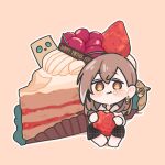  1girl :t ahoge berry brown_eyes brown_hair brown_hoodie brown_skirt cake cake_slice chibi crossed_bangs earrings eating english_text food food-themed_earrings friend_(nanashi_mumei) fruit gorani_euak happy_birthday hololive hololive_english hood hoodie hootsie_(nanashi_mumei) jewelry long_hair long_skirt multicolored_hair nanashi_mumei nanashi_mumei_(3rd_costume) official_alternate_costume oversized_food oversized_object plaid plaid_skirt simple_background skirt strawberry strawberry_shortcake streaked_hair virtual_youtuber 