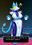  anthro blush bodily_fluids breast_expansion breasts cleavage clothed clothing deltarune expansion felid feline female glistening glistening_body glowing glowing_eyes hi_res machine mammal nipples robot solo surprise sweat tasque_manager undertale_(series) zixzs-redlight 